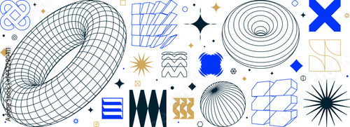 Postmodern abstract geometric shapes with wireframe elements of different forms, Vector graphic assets kit acid style, Y2K trendy design in brutalism aesthetic, template basic symbols