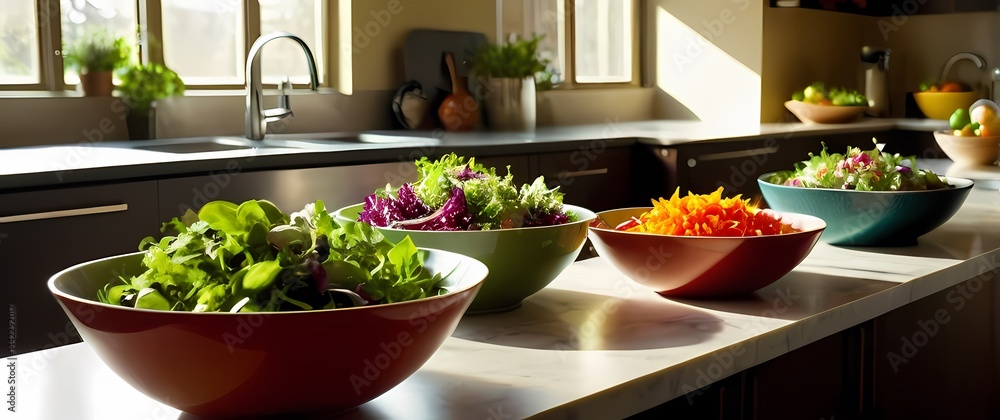 Colorful bowls of fresh salads displayed on sun dappled kitchen counters Colorful bowls of fresh salads displayed on sun dappled kitchen counters