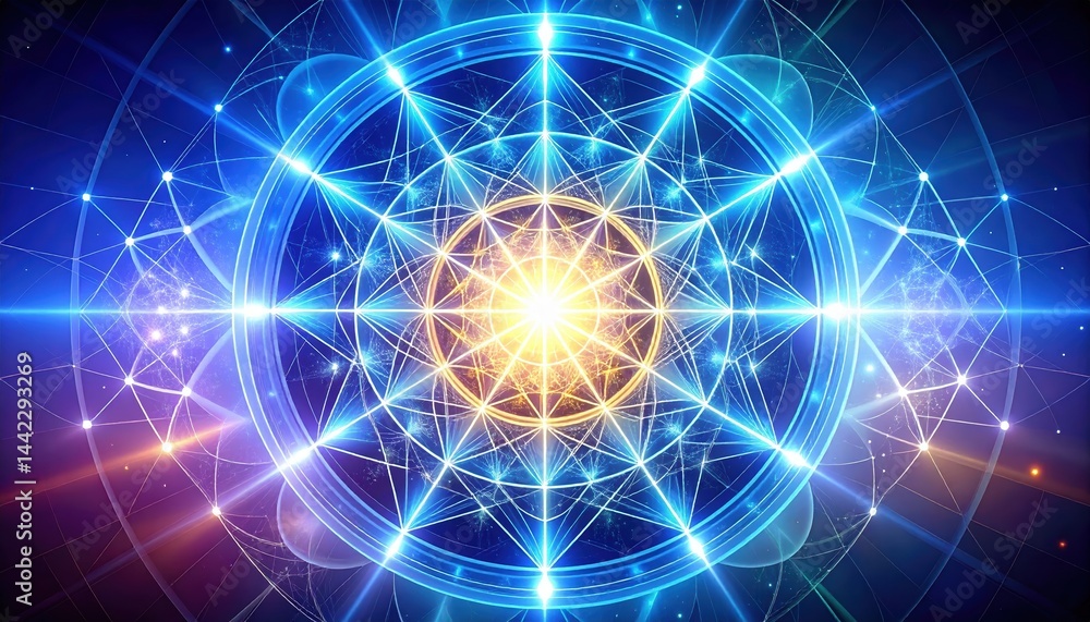 Naklejka premium Glowing sacred geometry mandala illuminating the universe