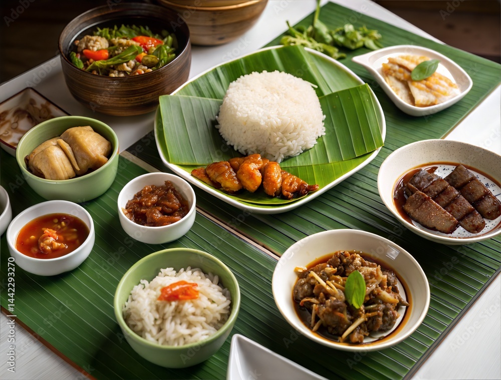 Traditional Rice Meal with Assorted Side Dishes on a Banana Leaf Mat Traditional Rice Meal with Assorted Side Dishes on a Banana Leaf Mat
