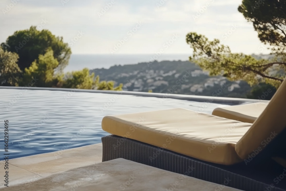 Obraz premium Luxury poolside retreat overlooking scenic hills and ocean views