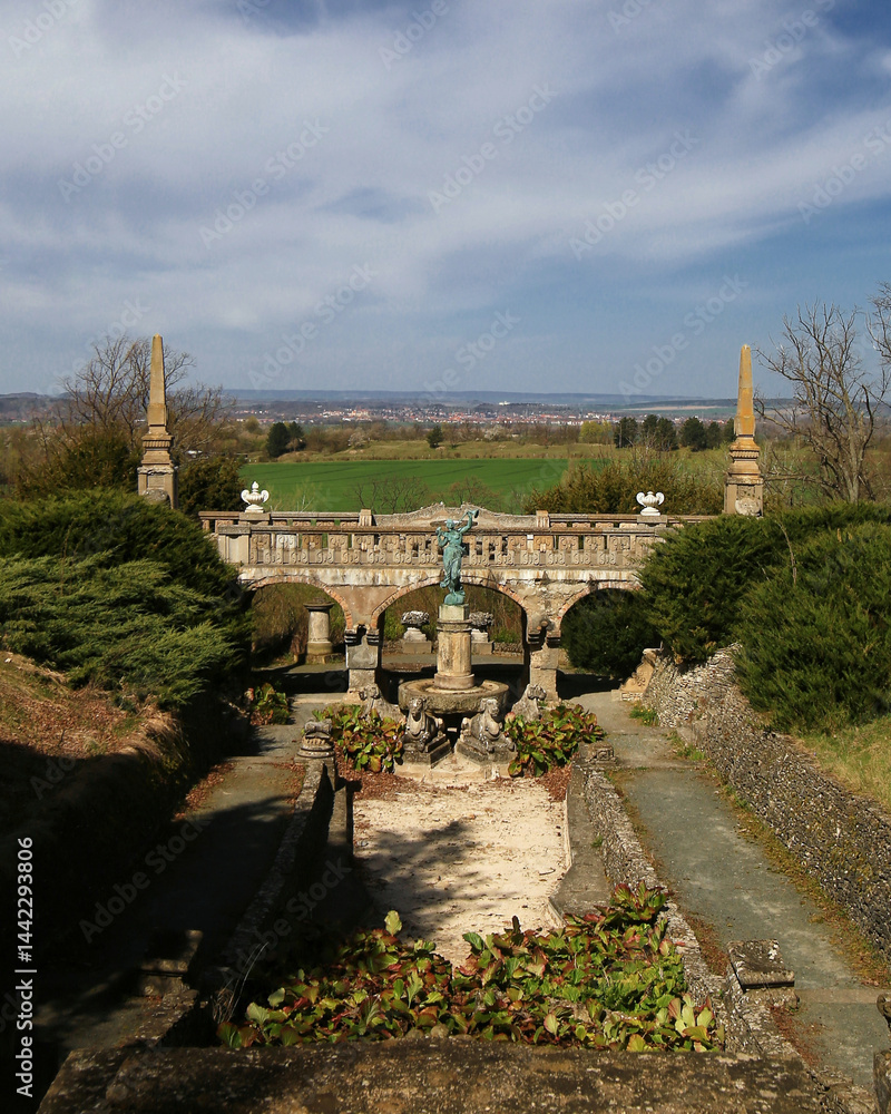 Stone terrace fountain of Castle Roseburg overlooking green fields under a wide blue sky with distant hills