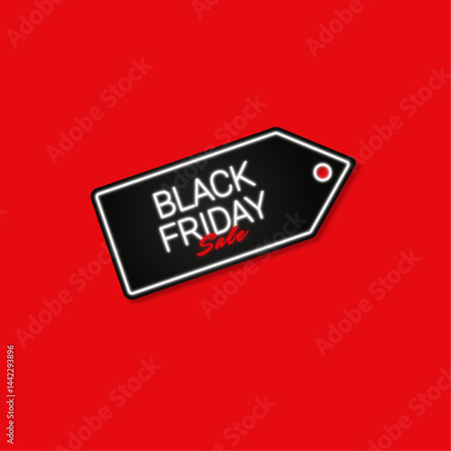 Black friday black and white sale tag on a red background. Neon black and white tag.	