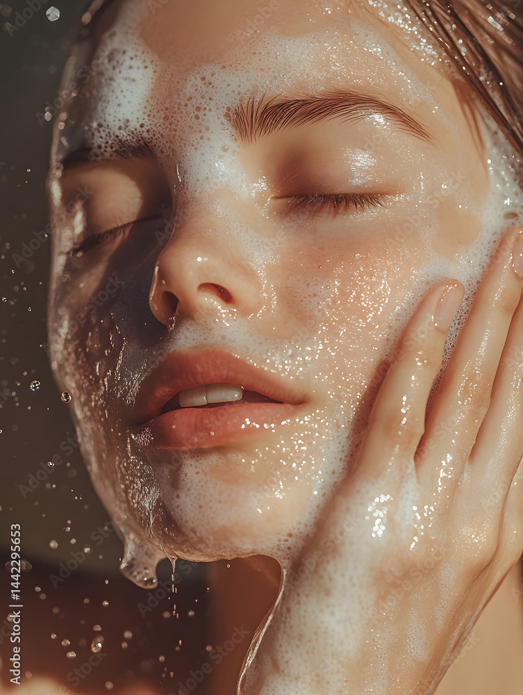 A woman enjoys a soothing facial cleanse, gently massaging bubbles into her skin in a tranquil atmosphere A woman enjoys a soothing facial cleanse, gently massaging bubbles into her skin in a tranquil atmosphere