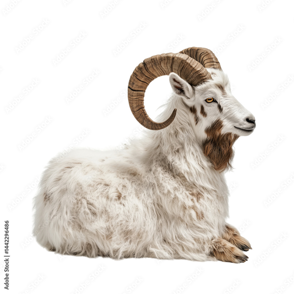 Side view of a white domestic goat with long fur and big curved horns sitting on the ground, cut out, isolated on a white background, no shadow.