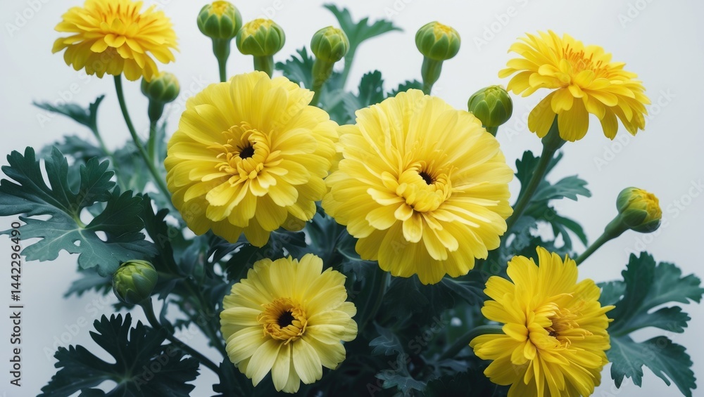 Isolated white background featuring Calendula marigold flowers and leaves Isolated white background featuring Calendula marigold flowers and leaves