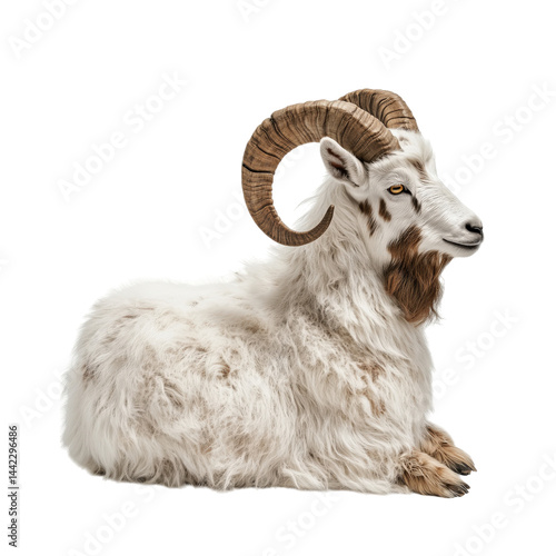 Obraz na płótnie Side view of a white domestic goat with long fur and big curved horns sitting on the ground, cut out, isolated on a white background, no shadow. w salonie