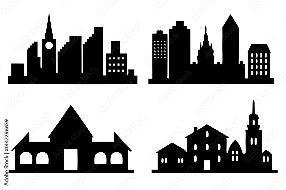 Fototapeta premium set of City icon vector silhouette illustration isolated on white background