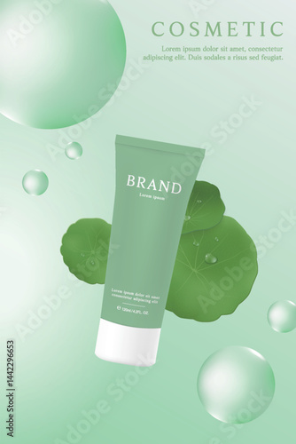 Cosmetic product ads template on green background with bubble and  Centella Asiatica.