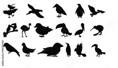 silhouettes of birds, Modern illustration of flying pigeons silhouetted against a white background.
