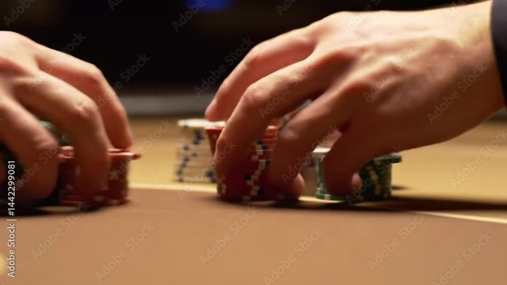 High stakes poker game in casino with stacked chips and focused players High stakes poker game in casino with stacked chips and focused players