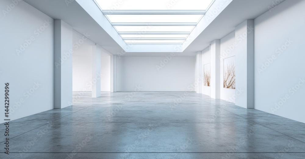 Empty modern concrete walls and indirect ceiling lights in the back define this industrial interior hallway room background template Empty modern concrete walls and indirect ceiling lights in the back define this industrial interior hallway room background template