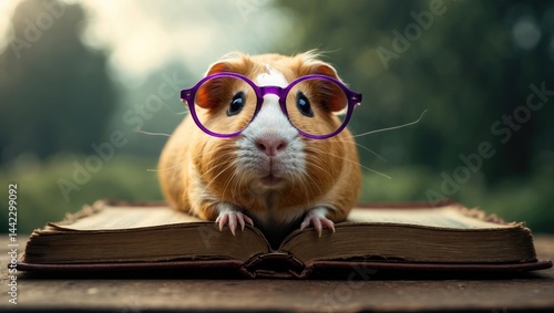 amusing guinea pig sporting glasses while reading a book outdoors
