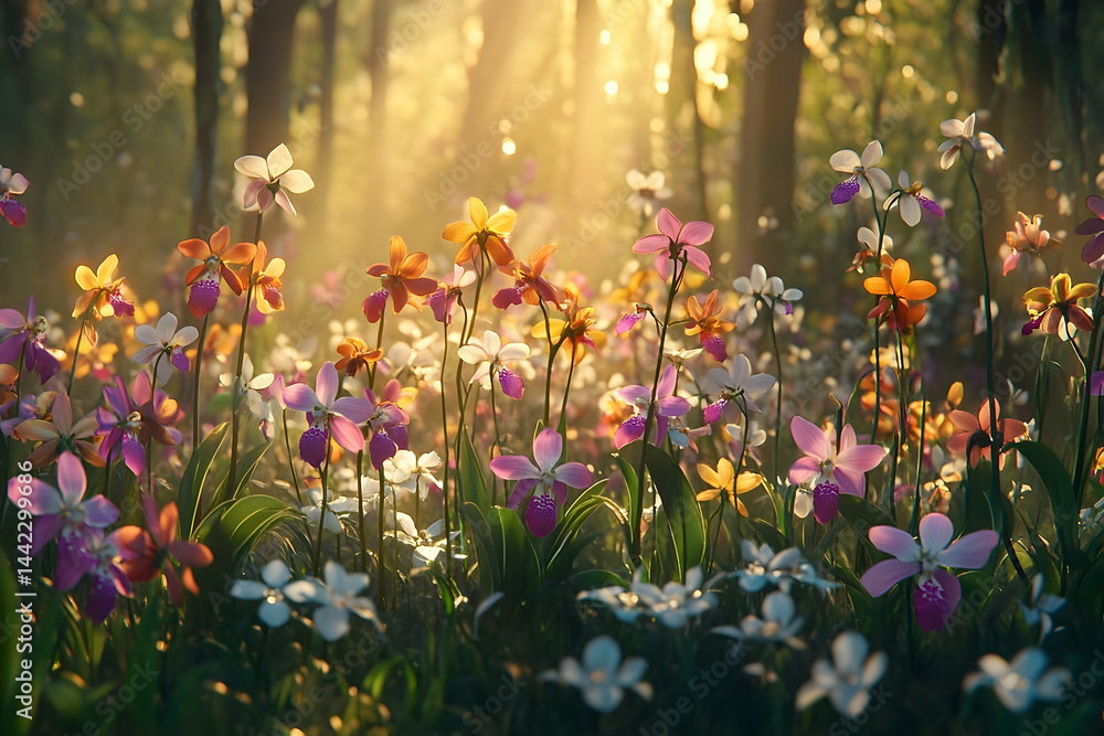 Obraz premium Radiant blossoms in a sunlit forest glade.