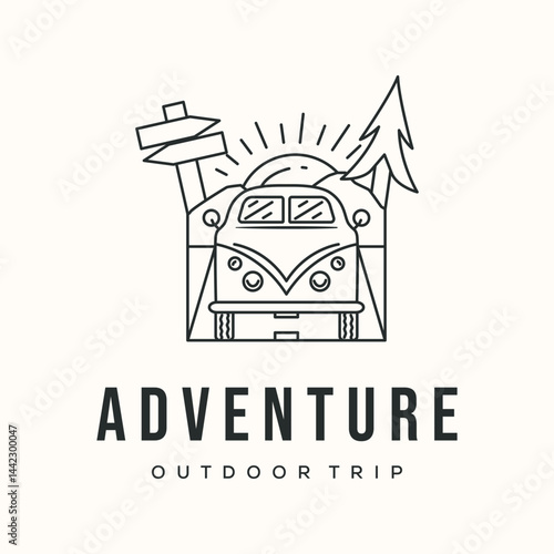 camper van adventure line art logo vector minimalist illustration, travel with caravan symbol design