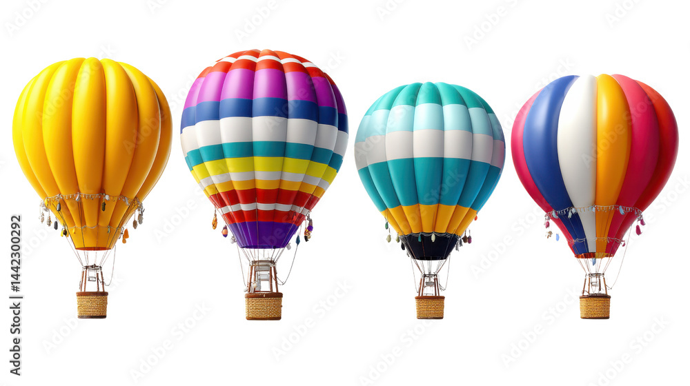 Fototapeta premium Colorful Hot Air Balloons Soaring High: Four vibrant hot air balloons float against the open sky, showcasing their intricate designs and promising a journey of adventure.