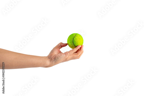 Hand holding tennis ball on transparent background.