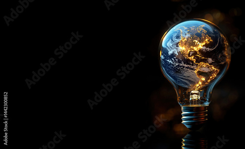 Light bulb shaped like planet Earth illuminates dark background for ecological awareness. Header banner mockup with copy space.
