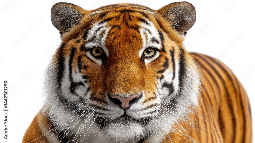 Obraz premium Tiger in a Close-up Portrait: A mesmerizing portrait of a majestic tiger, its striking orange and black stripes and piercing eyes radiate power and focus, a testament to its wild beauty.