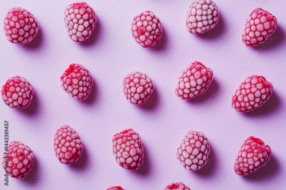 Pattern of frozen raspberries on a light purple background. The berries are covered in frost, giving them a wintry appearance. Pattern of frozen raspberries on a light purple background. The berries are covered in frost, giving them a wintry appearance.