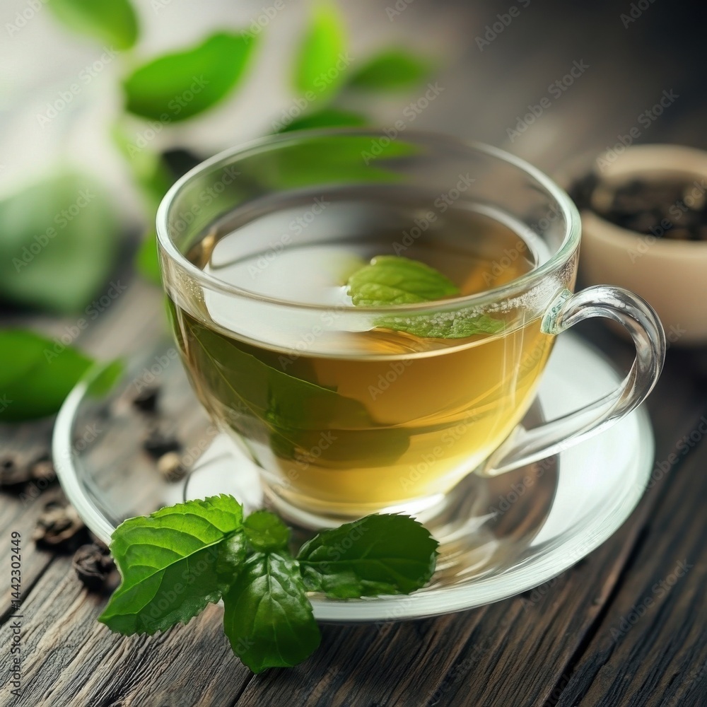 A cup of refreshing herbal tea, adorned with fresh mint leaves, set on rustic wood. A simple, healthy indulgence. A cup of refreshing herbal tea, adorned with fresh mint leaves, set on rustic wood. A simple, healthy indulgence.