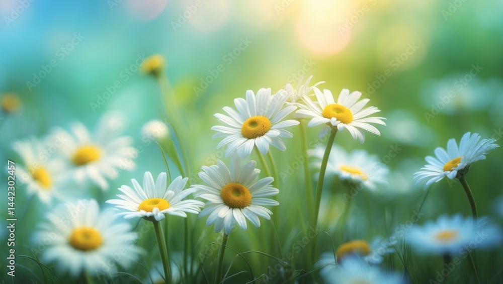 Fototapeta premium Fresh daisy flowers blossoming amidst meadow grass against a vibrant sunlit sky