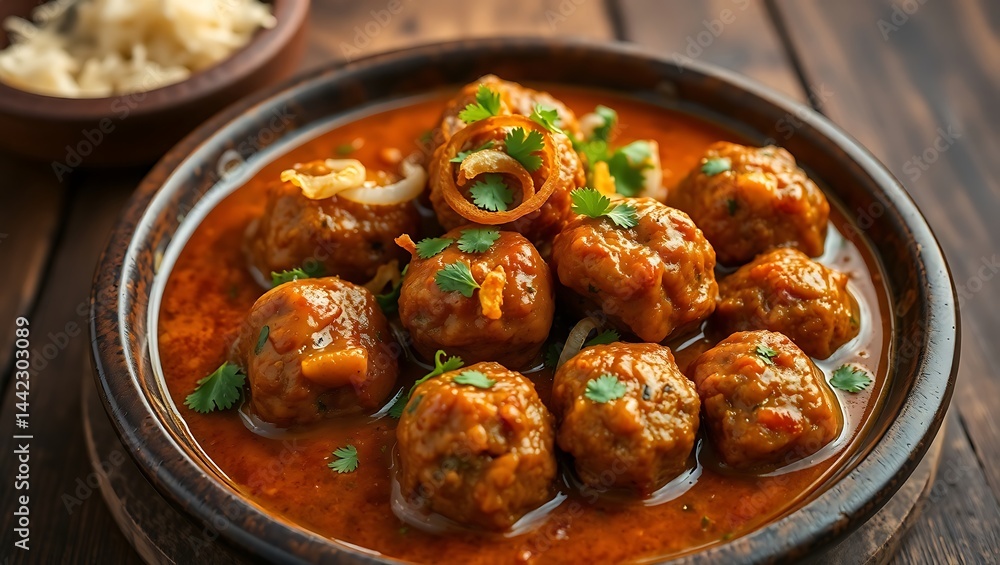 Middle angle close-up of non-vegetarian Kofta in rich curry gravy, garnished with cilantro and fried onions, ultra-realistic 16K, traditional plate, rustic setting. Middle angle close-up of non-vegetarian Kofta in rich curry gravy, garnished with cilantro and fried onions, ultra-realistic 16K, traditional plate, rustic setting.