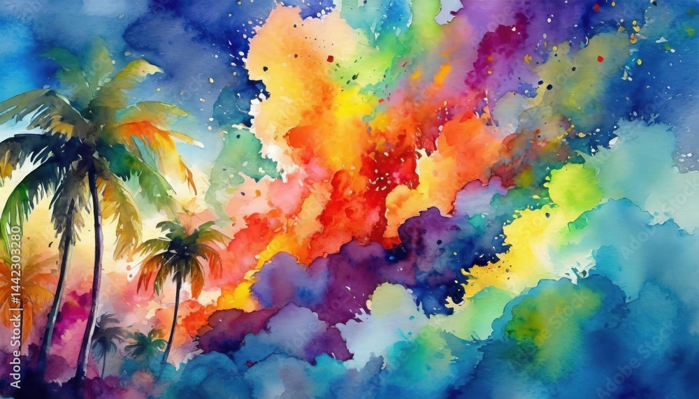 Fototapeta premium Vibrant watercolor painting of tropical palm trees under a bright, multicolored explosion of abstract clouds and sky