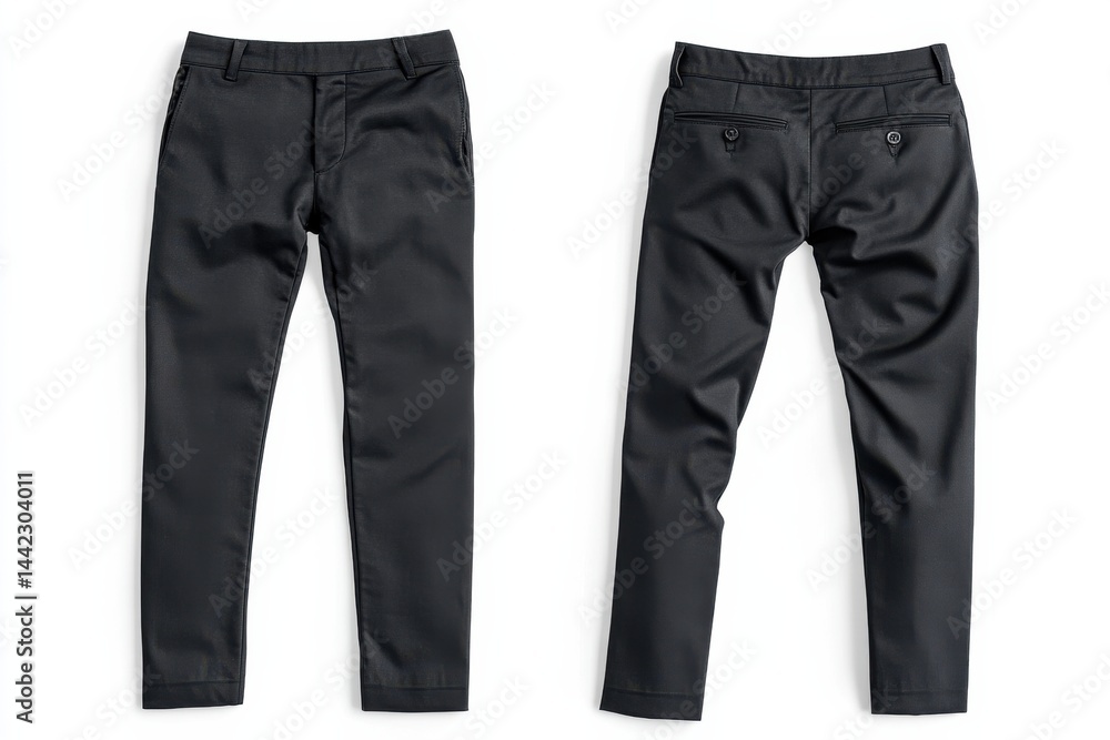 Elegant black trousers, front and back view, showcasing a modern, streamlined design. Perfect for sophisticated style. Elegant black trousers, front and back view, showcasing a modern, streamlined design. Perfect for sophisticated style.
