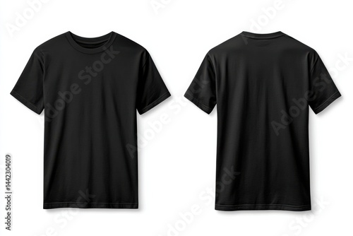 Two views of a simple black t-shirt laid flat against a white backdrop, displaying both the front and back sides in clear detail.