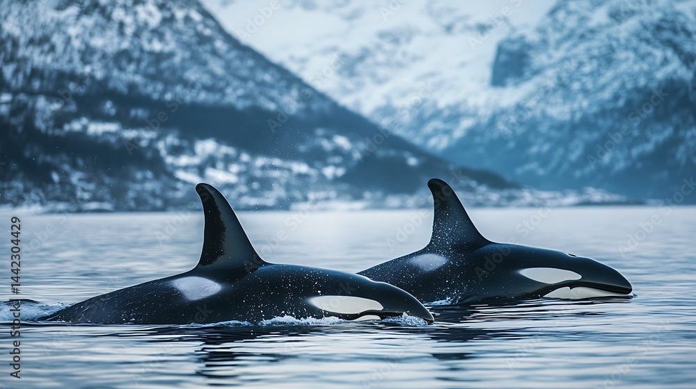 Naklejka premium Majestic Orcas in a Fjord: A Breathtaking Winter Scene