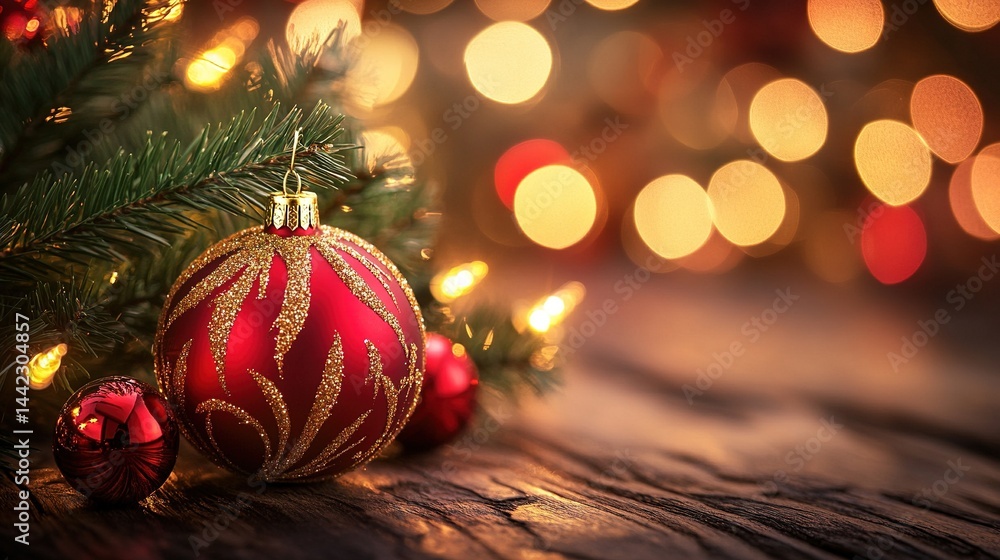 Obraz premium Festive bokeh background, red and gold Christmas lights creating a warm and magical atmosphere, shallow depth of field effect. Perfect for winter celebrations, seasonal decorations, joyful themes