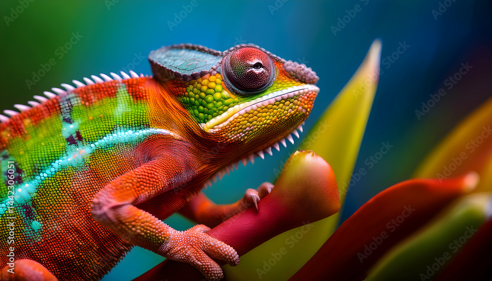 Fototapeta premium Chameleon in its natural Habitat: An eye-level view showcases a stunning chameleon perched gracefully upon a vivid leaf and blossom, exhibiting a kaleidoscope of colors in its natural habitat.