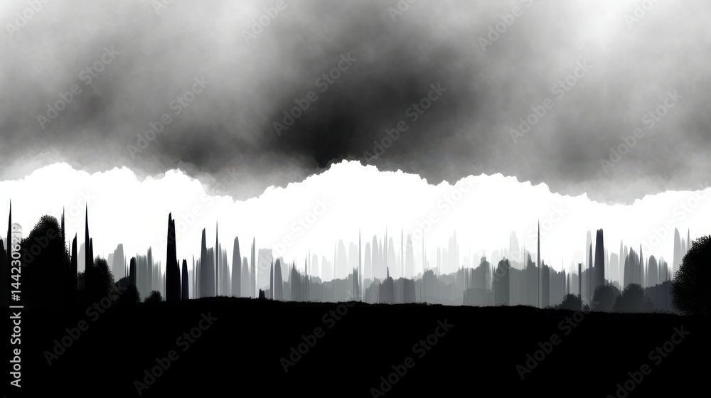 Obraz premium Abstract landscape with dark smoky clouds and jagged silhouetted trees in black and white