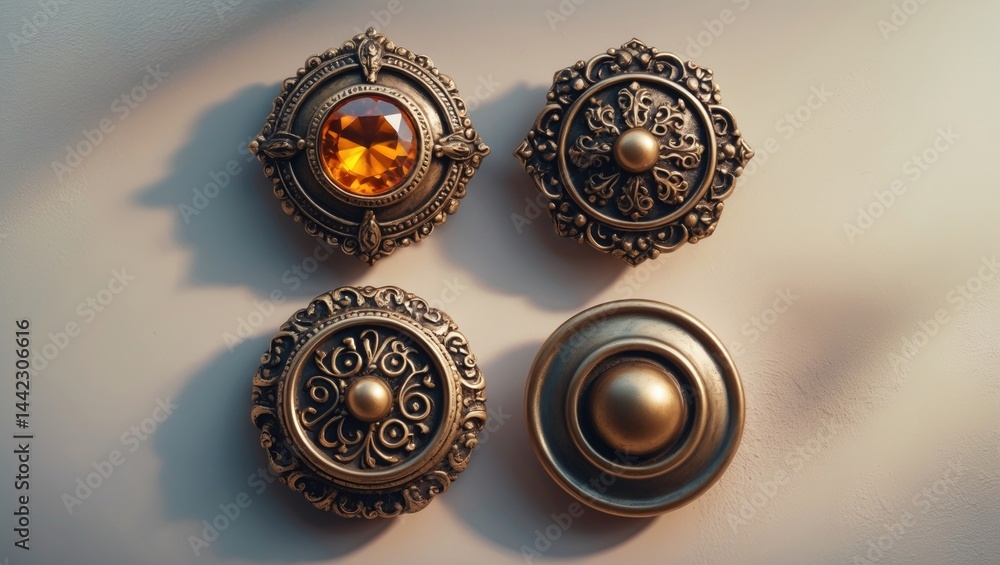 Collection of four medieval bronze buttons arranged against white