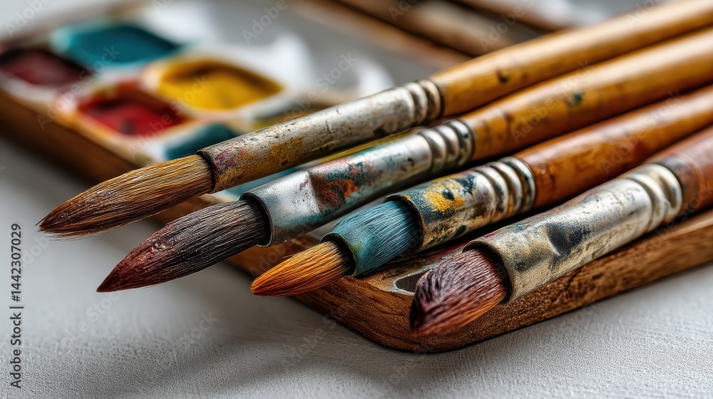 Fototapeta premium a set of watercolor paintbrushes and a palette on a white isolated background, creative and artistic look