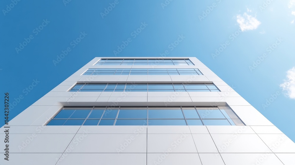 Modern office building facade, low angle view. Exterior of a contemporary skyscraper, featuring clean lines, rectangular windows, and a light, white, paneled surface. A bright, Modern office building facade, low angle view. Exterior of a contemporary skyscraper, featuring clean lines, rectangular windows, and a light, white, paneled surface. A bright,