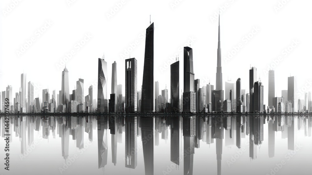 Fototapeta premium a modern urban skyline with tall skyscrapers on a white isolated background, sophisticated and architectural design