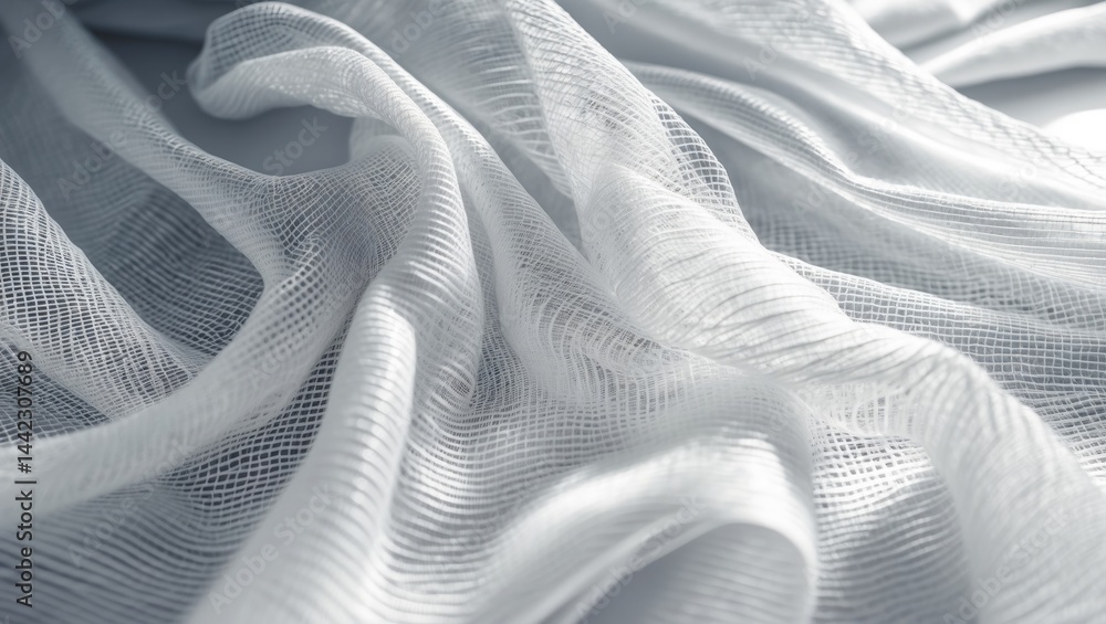 Sunlit narrow strip of wavy white tulle mesh, featuring folds in the background (macro, texture).