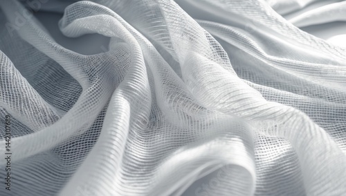 Obraz na płótnie Sunlit narrow strip of wavy white tulle mesh, featuring folds in the background (macro, texture). w salonie