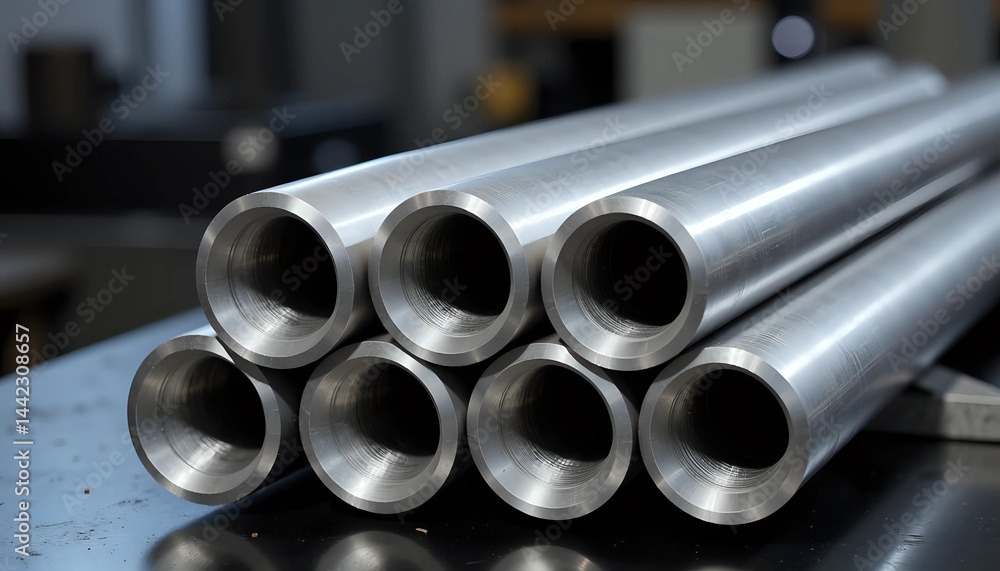 Fototapeta premium Stack of precisely machined metal pipes - industrial strength