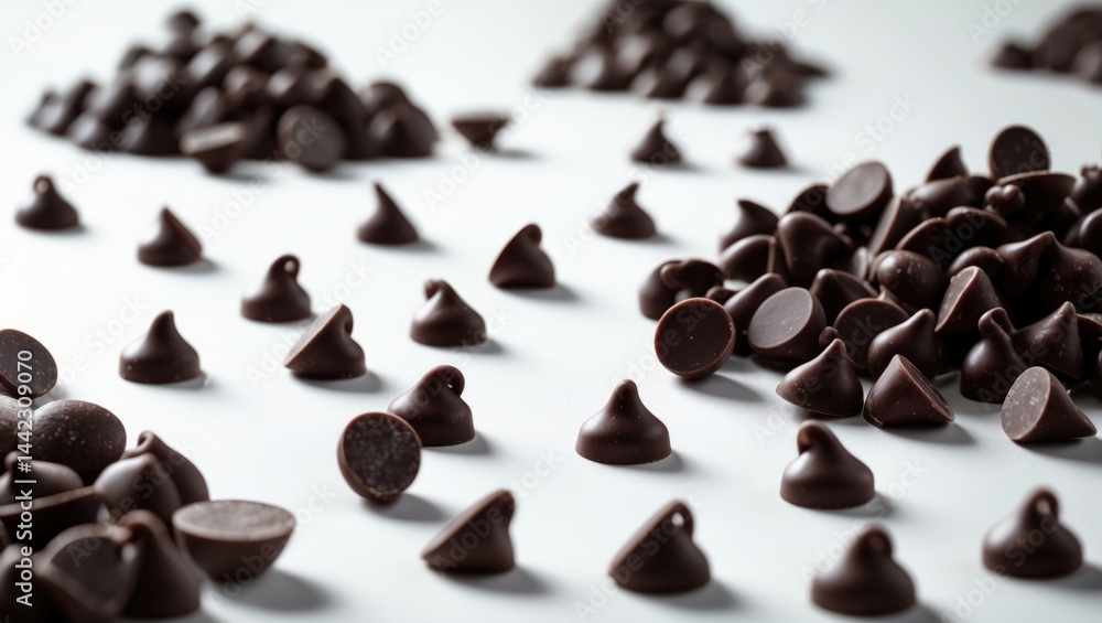 Chocolate chips dispersed from above on a white surface Chocolate chips dispersed from above on a white surface