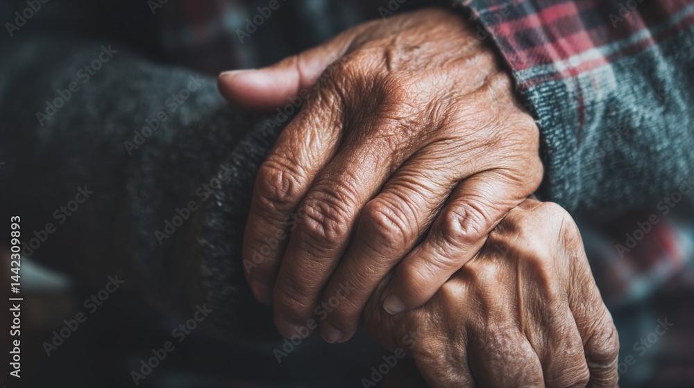 Fototapeta premium Parkinson disease patient, Alzheimer elderly senior, Arthritis person's hand in support of nursing family caregiver care for disability awareness day, National care givers month, aging society concept
