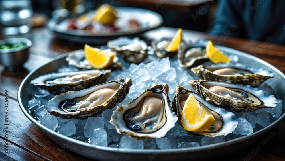 Ice-cold fresh oysters accompanied by lemon wedges. Saltwater oyster platter. Ice-cold fresh oysters accompanied by lemon wedges. Saltwater oyster platter.