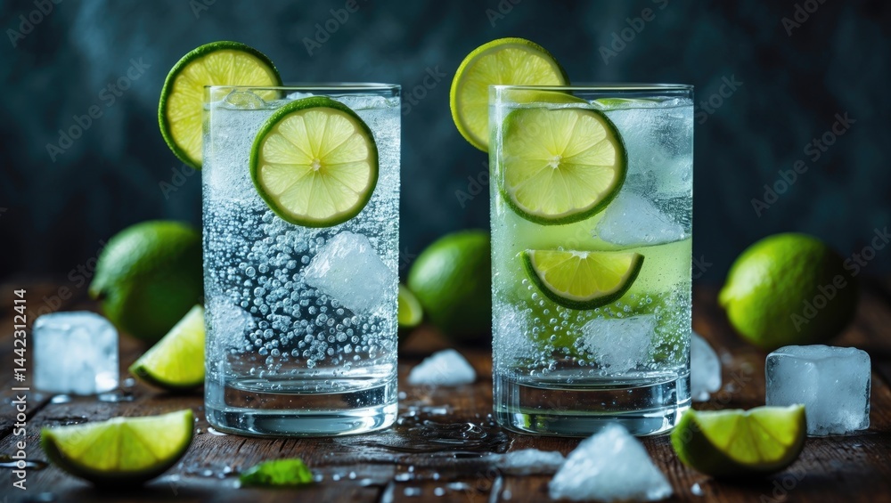 Fototapeta premium Cocktail of gin and tonic with ice and lime slices in a tall glass