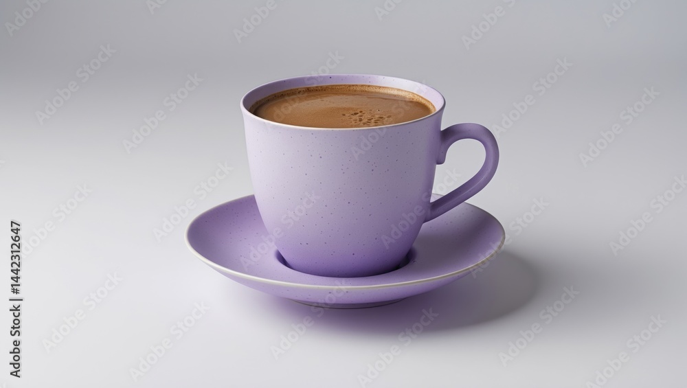 Trendy colored violet cup and saucer with hot coffee flying against a white background. Trendy colored violet cup and saucer with hot coffee flying against a white background.