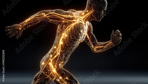 A digital illustration of a human figure running, highlighting the nervous system with glowing neural pathways on a dark background.