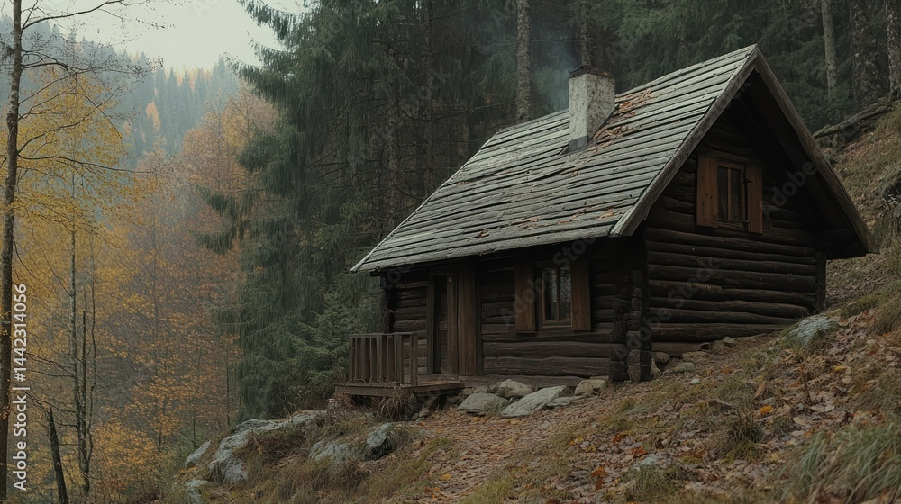 A rustic wooden cabin sits in a foggy and forested environment A rustic wooden cabin sits in a foggy and forested environment