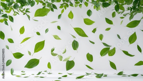 Newly sprouted green leaves drifting downwards on a background. Levitation theme
