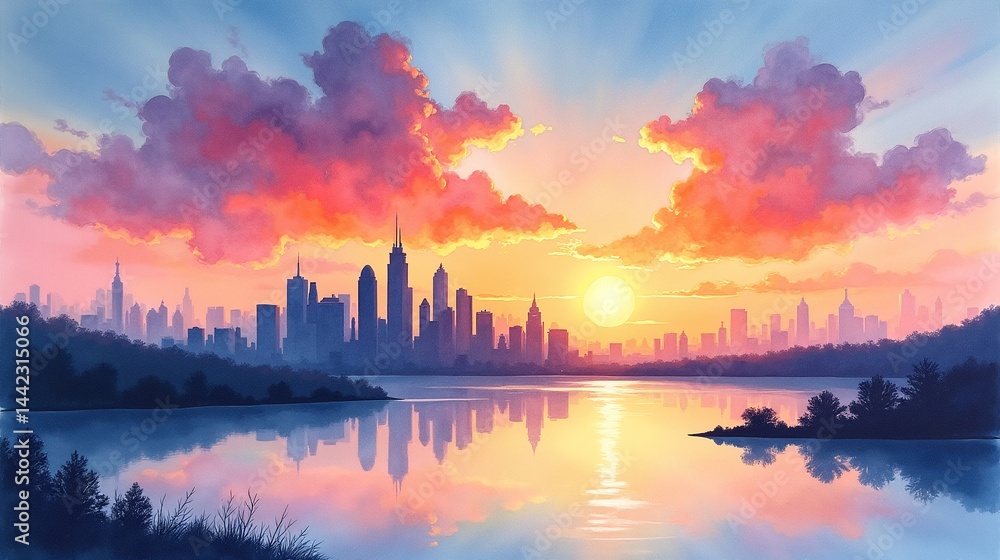 Fototapeta premium Sunset Serenity: City Silhouettes